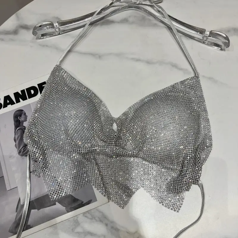 Dance Pad Machine - เสื้อกล้ามเพชรระยิบระยับ ตกแต่งด้วยแผ่นเสริมหน้าอกสามมิติ เซ็กซี่ โชว์สัดส่วน โชว์เนื้อผ้าช่วงอก ชุดผู้หญิง